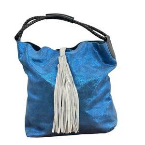Uno Alla Volta Leather Sparkle Tote Medium Blue Fringe Boho Whimsy Art Italy